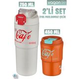 Vagonlife 2'li Çelik Termos-Kahve Bardağı Seti 750ML Çift Kullanım Termos//450ML Mug Kahve Bardağı - Beyaz - Turuncu