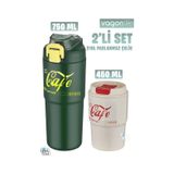 Vagonlife 2'li Çelik Termos-Kahve Bardağı Seti 750ML Çift Kullanım Termos//450ML Mug Kahve Bardağı - Beyaz - Yeşil
