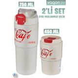 Vagonlife 2'li Çelik Termos-Kahve Bardağı Seti 750ML Çift Kullanım Termos//450ML Mug Kahve Bardağı - Beyaz