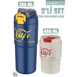 Vagonlife 2'li Çelik Termos-Kahve Bardağı Seti 750ML Çift Kullanım Termos//450ML Mug Kahve Bardağı - Lacivert - Krem