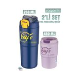 Vagonlife 2'li Çelik Termos-Kahve Bardağı Seti 750ML Çift Kullanım Termos//450ML Mug Kahve Bardağı - Lacivert - Mor