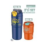 Vagonlife 2'li Çelik Termos-Kahve Bardağı Seti 750ML Çift Kullanım Termos//450ML Mug Kahve Bardağı - Lacivert - Turuncu