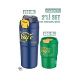 Vagonlife 2'li Çelik Termos-Kahve Bardağı Seti 750ML Çift Kullanım Termos//450ML Mug Kahve Bardağı - Lacivert - Yeşil