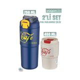 Vagonlife 2'li Çelik Termos-kahve Bardağı Seti 750ml Çift Kullanım Termos//450ml Mug Kahve Bardağı Lacivert
