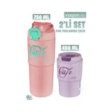 Vagonlife 2'li Çelik Termos-kahve Bardağı Seti 750ml Çift Kullanım Termos//450ml Mug Kahve Bardağı Pembe - Mor
