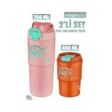 Vagonlife 2'li Çelik Termos-kahve Bardağı Seti 750ml Çift Kullanım Termos//450ml Mug Kahve Bardağı Pembe - Turuncu