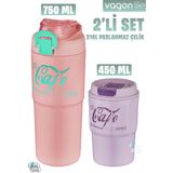 Vagonlife 2'li Çelik Termos-Kahve Bardağı Seti 750ML Çift Kullanım Termos//450ML Mug Kahve Bardağı - Pudra - Mor