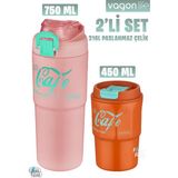 Vagonlife 2'li Çelik Termos-Kahve Bardağı Seti 750ML Çift Kullanım Termos//450ML Mug Kahve Bardağı - Pudra - Turuncu