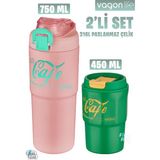 Vagonlife 2'li Çelik Termos-Kahve Bardağı Seti 750ML Çift Kullanım Termos//450ML Mug Kahve Bardağı - Pudra - Yeşil