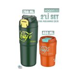 Vagonlife 2'li Çelik Termos-Kahve Bardağı Seti 750ML Çift Kullanım Termos//450ML Mug Kahve Bardağı - Turuncu - Yeşil