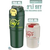 Vagonlife 2'li Çelik Termos-Kahve Bardağı Seti 750ML Çift Kullanım Termos//450ML Mug Kahve Bardağı - Yeşil - Krem