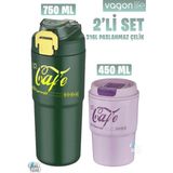 Vagonlife 2'li Çelik Termos-Kahve Bardağı Seti 750ML Çift Kullanım Termos//450ML Mug Kahve Bardağı - Yeşil - Mor