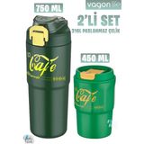 Vagonlife 2'li Çelik Termos-Kahve Bardağı Seti 750ML Çift Kullanım Termos//450ML Mug Kahve Bardağı - Yeşil - Yeşil