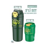 Vagonlife 2'li Çelik Termos-Kahve Bardağı Seti 750ML Çift Kullanım Termos//450ML Mug Kahve Bardağı - Yeşil