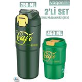 Vagonlife 2'li Çelik Termos-Kahve Bardağı Seti 750ML Çift Kullanım Termos//450ML Mug Kahve Bardağı