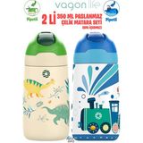 Vagonlife 2'li Set 350 ml Çocuk Pipetli Çelik Matara 2055 350 ml - Yeşil - Mavi