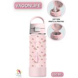 Vagonlife 550 ml Desenli Çift Içim - Pipetli / Pipetsiz Taşıma Kulplu Paslanmaz Çelik Termos - Pembe