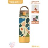 Vagonlife 550 ml Desenli Tek Kapak Çift Kullanım Pipetli Rahat Içim Kulplu Paslanmaz Çelik Termos 1109-550ML - Bej