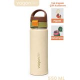Vagonlife 550 ml Tek Kapak Çift Kullanım Pipetli Rahat Içim Kulplu Paslanmaz Çelik Termos 1110-550ML - Bej