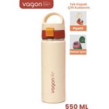 Vagonlife 550 ml Tek Kapak Çift Kullanım Pipetli Rahat Içim Kulplu Paslanmaz Çelik Termos 1110-550ML - Ekru