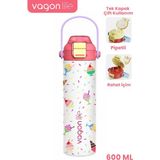 Vagonlife 600 ml Tek Kapak Çift Kullanım Pipetli Rahat Içim Kulplu Paslanmaz Çelik Termos FF1111-600ML - Beyaz