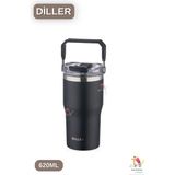 Vagonlife 620 ml Çift Içim Pipetli / Pipetsiz Taşıma Kulplu Termos 3 Renk - Siyah