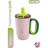 Vagonlife 680 ml Tek Kapak Çift Kullanım Pipetli Rahat Içim Kulplu Paslanmaz Çelik Termos Mug FFVGN1113-680ML - Pembe