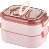 Vagonlife Bento 1000ml Lunchbox Yeni Koleksiyon Çift Katlı 3 Bölmeli Çelik Sefer Tası Yemek Kutusu Pembe