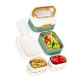 Vagonlife Bento 1010ml Yeni Lunchbox Serisi Çift Renk İki Katlı Bir Çelik Kaseli İki Mini Plastik Kap 16x10x11.5cm Ölçü Paslanmaz Çelik Sefer Tası Çocuk İlk Okul Yemek Kutusu BPA Yok Özel Kutu-Yeşil