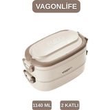 Vagonlife Bento 1140ML Çelik Lunchbox 2 Katlı 4 Bölme Yeni Koleksiyon ( Çorba Kaseli ) Beslenme Kabı - Bej