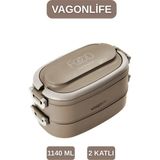 Vagonlife Bento 1140ML Çelik Lunchbox 2 Katlı 4 Bölme Yeni Koleksiyon ( Çorba Kaseli ) Beslenme Kabı - Kahverengi