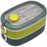 Vagonlife Bento 1300ml Lunchbox 2 Katlı 3 Bölmeli Paslanmaz Çelik Sefer Tası Yemek Kutusu (Koyu Yeşil-Fıstık Yeşili)