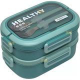 Vagonlife Bento 1650Ml Paslanmaz Çelik 2 Katlı 3 Bölmeli Çatal Ve Kaşıklı Yemek Kutusu Yeşil