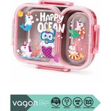 Vagonlife Bento 600ML Lunchbox Yeni Koleksiyon Sevimli Desenli Tek Katlı 2 Bölmeli Sızdırmaz Paslanmaz Çelik Sefer Tası Çocuk Okul Yemek Kutusu Plastik Kaşık Hediyeli Bpa Yok Özel Kutulu - Pembe