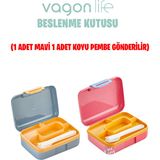 Vagonlife Beslenme Kutusu 2 Katlı Çatal bıçak kaşık Setli - Açık Pembe - Mavi