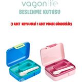 Vagonlife Beslenme Kutusu 2 Katlı Çatal bıçak kaşık Setli - Koyu Mavi - Pembe