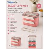 Vagonlife BL2221-2 Pembe 1600 ml 2 Katlı 3 Bölmeli Paslanmaz Çelik Lunch Box Beslenme Kabı - Standart - Çok Renkli