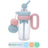 Vagonlife Cocosmile 1000ML Tumbler Charm Serisi Parlak Şeffaf Gövdeli Pipetli/pipetsiz Kullanım Detokslu Büyük Kulplu Peluş Süslü Charmlı ve Silikon Pipet Süslü Tritan Su Matarası Suluğu - Pembe - Turkuaz