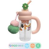 Vagonlife Cocosmile 1000ML Tumbler Charm Serisi Parlak Şeffaf Gövdeli Pipetli/pipetsiz Kullanım Detokslu Büyük Kulplu Peluş Süslü Charmlı ve Silikon Pipet Süslü Tritan Su Matarası Suluğu - Pudra Pembe