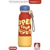 Vagonlife Desenli 550 ml Pipetli Sızdırmaz Paslanmaz Çelik Termos Matara El Askılı Bpa Içermez 550ML 1105FF - Kırmızı