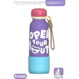 Vagonlife Desenli 550 ml Pipetli Sızdırmaz Paslanmaz Çelik Termos Matara El Askılı Bpa Içermez 550ML 1105FF - Mor