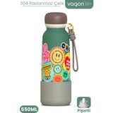 Vagonlife Desenli 550 ml Pipetli Sızdırmaz Paslanmaz Çelik Termos Matara El Askılı Bpa Içermez 550ML 1105FF - Yeşil