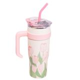 Vagonlife Diller 1200 ml Pembe Lale Desenli Tumbler Pipetli Pipetsiz Kulplu Paslanmaz Çelik Termos
