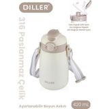 Vagonlife Dıller 420 ml Pipetli/pipetsiz Tek Kapak Çift Kullanım Askılı Çelik Termos Su Matarası 6 Saat Sıcak/soğuk - Beyaz
