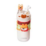 Vagonlife Diller 520ml Sevimli Hayvanlar Süslü Pipetli/Pipetsiz Boyun Askılı Paslanmaz Çelik Termos (Puppy Party)