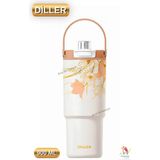 Vagonlife Diller 900 ml Desenli Çift Içim Pipetli / Pipetsiz Termos Taşıma Askılı Termos - Gold