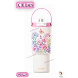 Vagonlife Diller 900 ml Desenli Çift Içim Pipetli / Pipetsiz Termos Taşıma Askılı Termos - Pembe