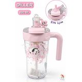 Vagonlife Diller Figürlü 860 ml Süzgeçli Matara Pembe Tritan Malzeme ile Dayanıklı ve Hafif