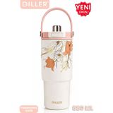 Vagonlife Dıller Tumbler 880 ml Tek Kapak Çift Kullanım Pipetli/pipetsiz Taşıma Kulplu Çelik TERMOS-FFD9505-880ML - Gold