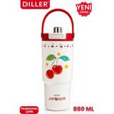 Vagonlife Dıller Tumbler 880 ml Tek Kapak Çift Kullanım Pipetli/pipetsiz Taşıma Kulplu Çelik TERMOS-FFD9505-880ML Kırmızı